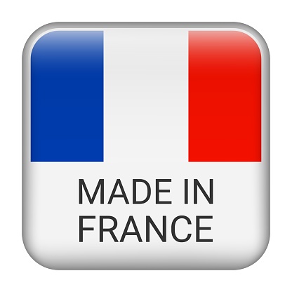 Made in France badge vector. Sticker with stars and national flag. Sign isolated on white background.