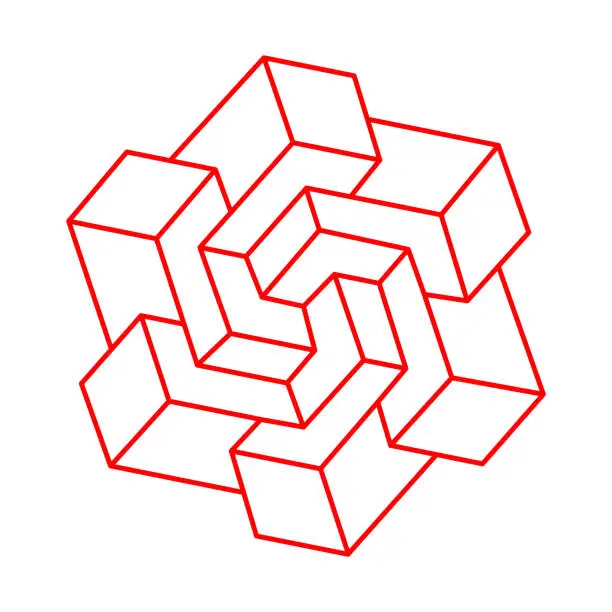 Vector illustration of Escher paradox geometry. Optical illusion object. Sacred geometric figure. Optical art. Impossible shapes.