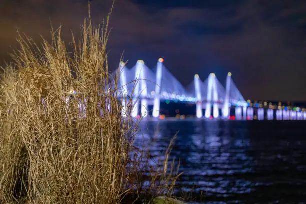 Photo of Night photo of the Governor Mario M. Cuomo Bridge, spanning the Hudson River between Tarrytown and Nyack