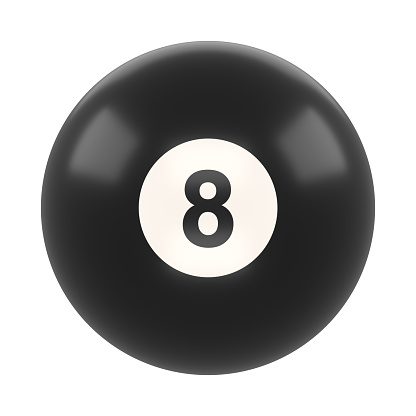 Billiard ball number eight black color isolated on white background. Realistic glossy snooker ball. 3D rendering 3D illustration