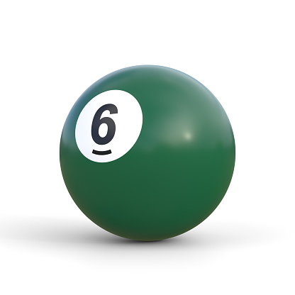 Billiard ball number six green color isolated on white background. Realistic glossy snooker ball. 3D rendering 3D illustration