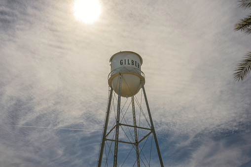 This image shows downtown Gilbert, Arizona's water tower with a moody sky in the background.