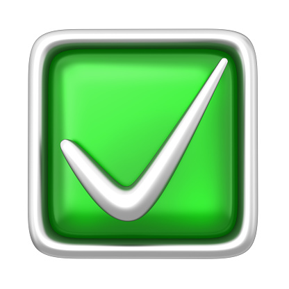Green check mark. Check mark in the box isolated on the white background. Checked or approve icon or correct choice sign. Vote concept.
