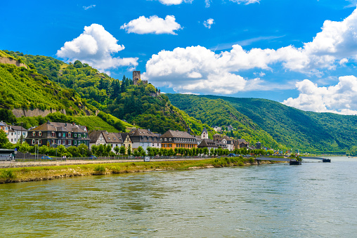 Rhein Rhine river in Loreley, Kaub, Rhein-Lahn-Kreis, Rhineland-Palatinate, Rheinland-Pfalz, Germany.