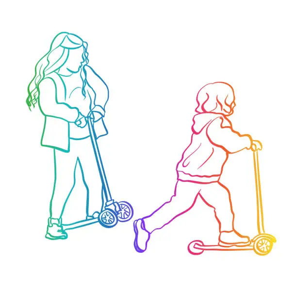 Vector illustration of Sibblings On Scooters Rainbow