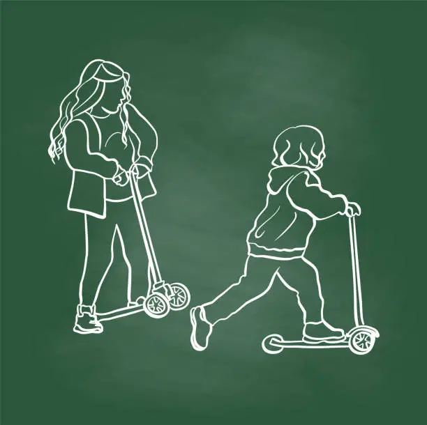 Vector illustration of Sibblings On Scooters Chalkboard