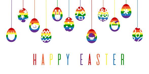 Happy Easter rainbow banner with hanging eggs and holiday symbols in pride lbgt colors. Abstract modern graphic minimalistic vector flat illustration.