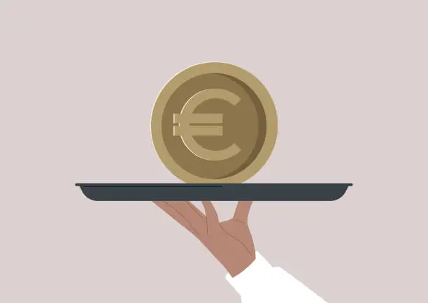 Vector illustration of A hand holding a big euro coin on a tray
