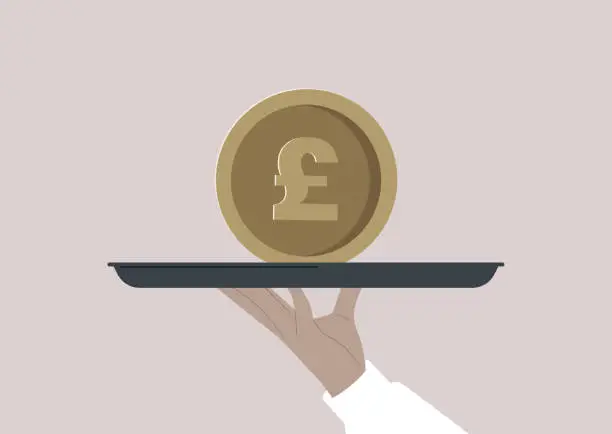 Vector illustration of A hand holding a big GBP coin on a tray