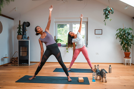 Fit young mixed race females standing on exercise mats, stretching and practicing yoga positions. They are indoors in a fitness center.