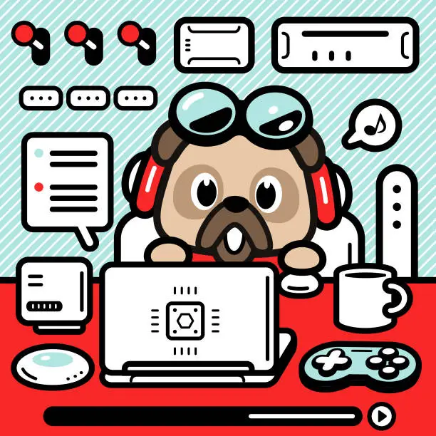 Vector illustration of A cute pug puppy sitting at a desk and using a laptop and interacting with artificial intelligence and enjoying technology