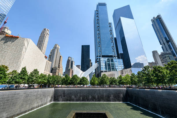 New York, USA - February 22, 1997: Lower mahattan and  World Trade Center in New York City, America.  the WTC was destroyed by 911 from terrorists.