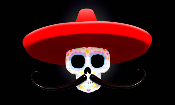 3d colored sugar skull with sombrero and mustache
