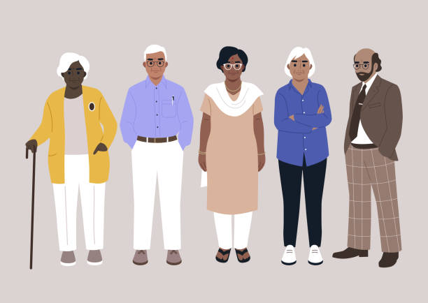 ilustrações de stock, clip art, desenhos animados e ícones de a group of senior adults standing full length, retirement club - old men asian ethnicity indian culture