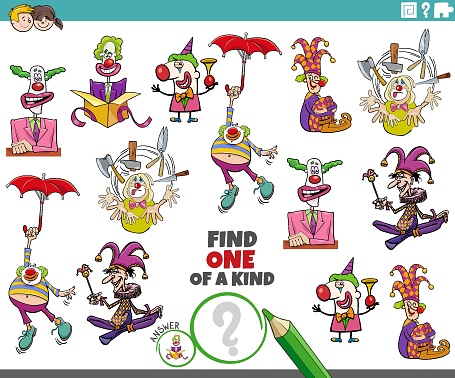 Cartoon illustration of find one of a kind picture educational task with comic clowns characters