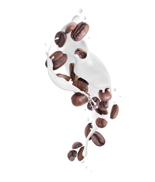 istock Coffee beans with milk splashes isolated on a white background 1473593874
