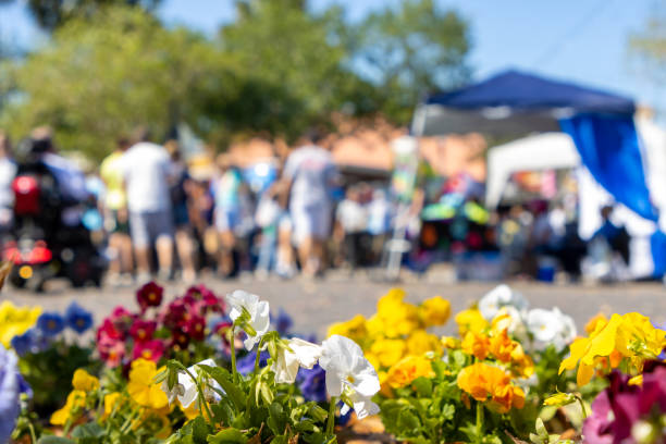 Flowers grow in festival Flowers grow in the foreground as people enjoy a festival defocused in the background,. agricultural fair stock pictures, royalty-free photos & images