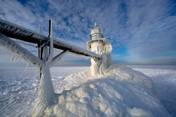 Lighhouse in Michigan with icicles. in Grand Haven, Michigan, United States