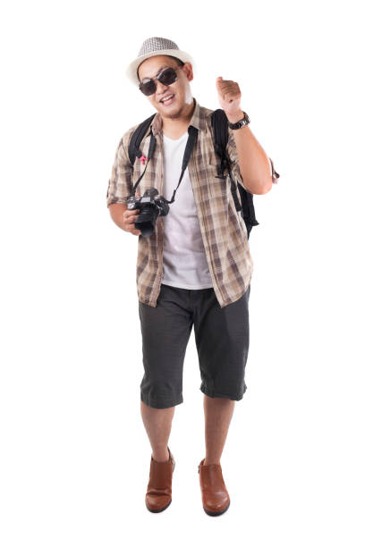 istock Traveling People Isolated on White. Male Backpacker Tourist Calling Gesture 1473602744