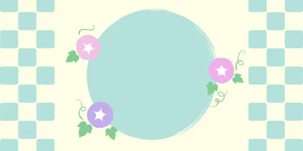Vector illustration of Summer cute Japanese style background with hand-drawn morning glory frame and checkered pattern on the left and right.