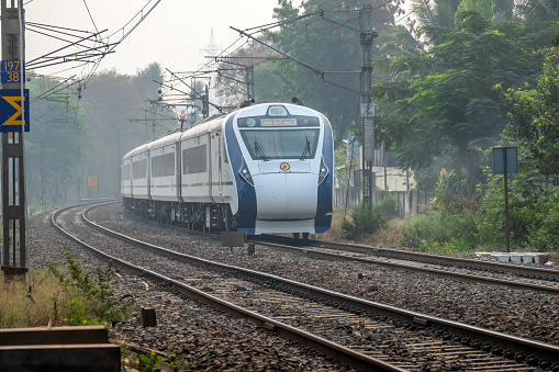 Pune, India - March 12 2023: The Solapur Mumbai Vande Bharat Express Train heading towards Mumbai, shot at Hadapsar near Pune India.