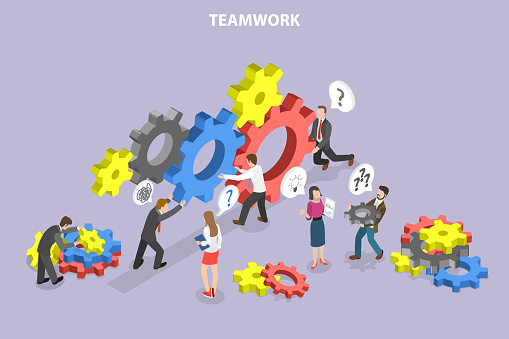 3D Isometric Flat Vector Conceptual Illustration of Teamwork and Collaboration, Work Routine Management