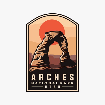 Arches national park vector template. Utah landmark illustration in emblem patch style.