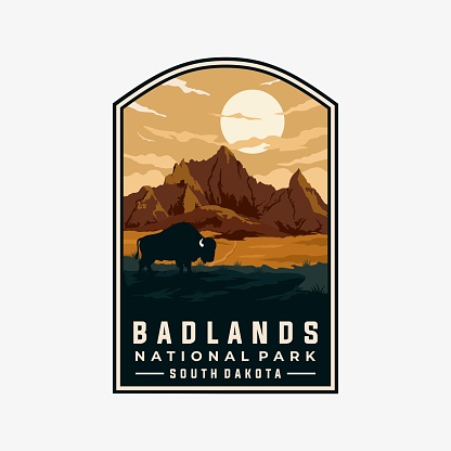 Badlands national park vector template. South Dakota landmark illustration in patch emblem style.