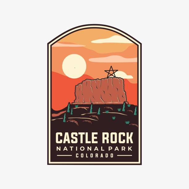 castle rock state park badge vektorvorlage. colorado wahrzeichen illustration im emblem-patch-stil. - castle rock stock-grafiken, -clipart, -cartoons und -symbole