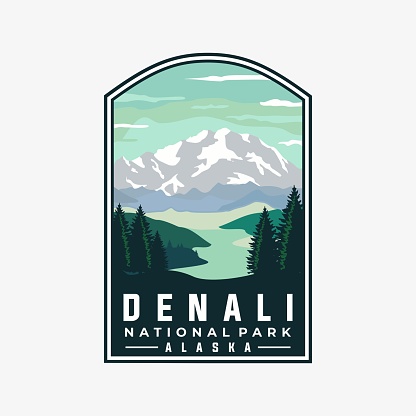 Denali national park vector template. Alaska landmark graphic illustration in badge emblem patch style.