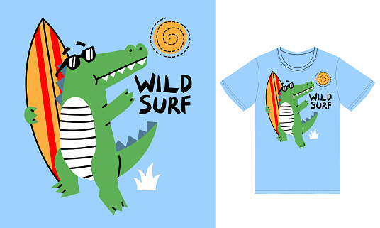 Cute crocodile surfing illustration with tshirt design premium vector the Concept of Isolated Technology. Flat Cartoon Style Suitable for Landing Web Pages,T shirt, Flyers, Stickers
