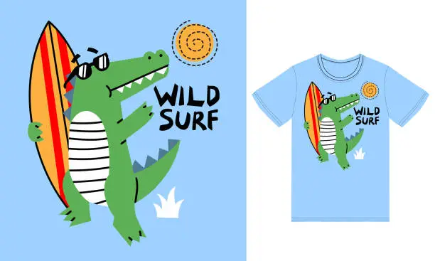 Vector illustration of Cute crocodile surfing illustration with tshirt design premium vector