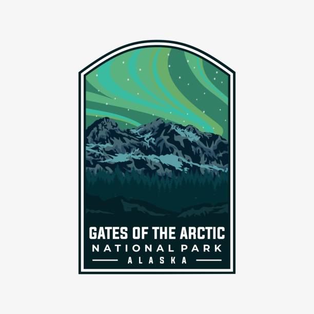 Gates of Arctic national park vector template. Alaska landmark illustration in patch emblem style. Gates of Arctic national park vector template. Alaska landmark illustration in patch emblem style. alaska northern lights stock illustrations