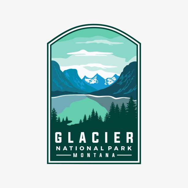 illustrazioni stock, clip art, cartoni animati e icone di tendenza di modello vettoriale del parco nazionale del ghiacciaio. illustrazione grafica del punto di riferimento del montana in stile patch emblema badge. - montana mountain us glacier national park lake