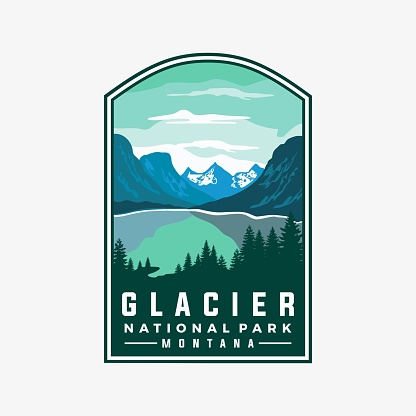 Glacier national park vector template. Montana landmark graphic illustration in badge emblem patch style.