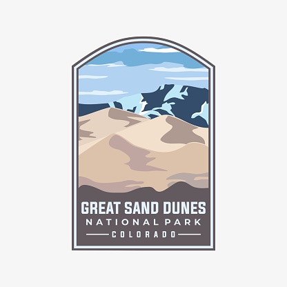 Great sand dunes national park vector template. Colorado landmark graphic illustration in badge emblem patch style.