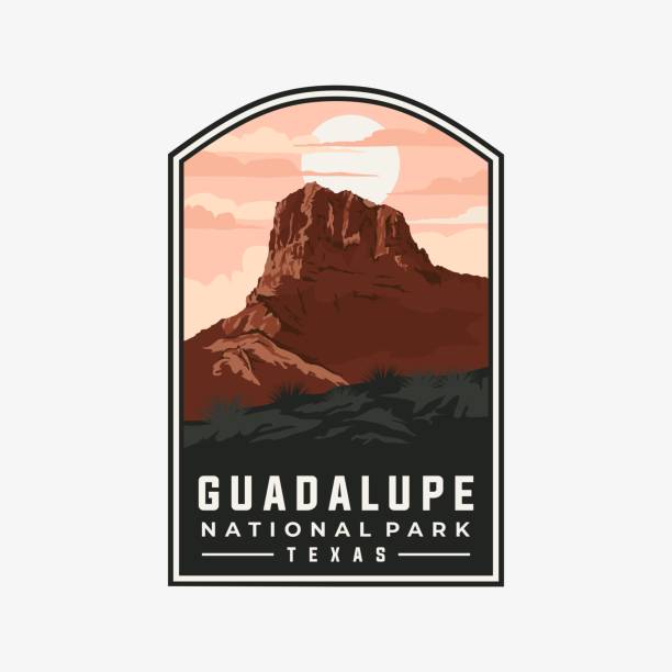 Guadalupe national park vector template. Texas landmark illustration in patch emblem style. Guadalupe national park vector template. Texas landmark illustration in patch emblem style. carlsbad texas stock illustrations