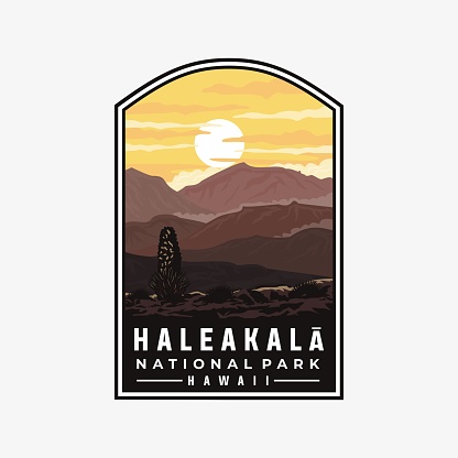 Haleakala national park vector template. Hawaii landmark illustration in patch emblem style.