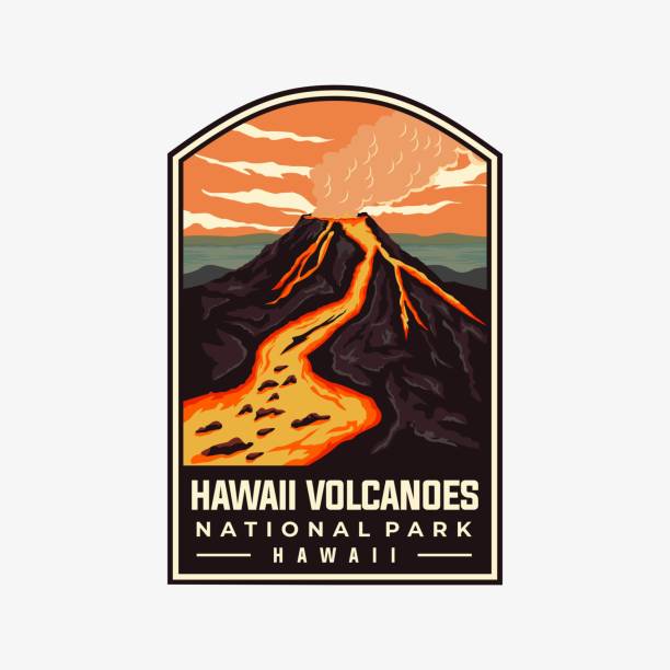 ilustrações de stock, clip art, desenhos animados e ícones de hawaii volcanoes national park vector template. hawaii landmark illustration in patch emblem style. - dormant volcano illustrations