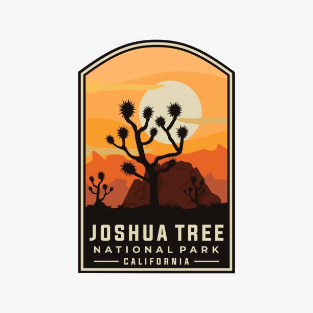 joshua tree national park vector template. california landmark illustration in emblem patch style. - joshua ağacı illüstrasyonlar stock illustrations