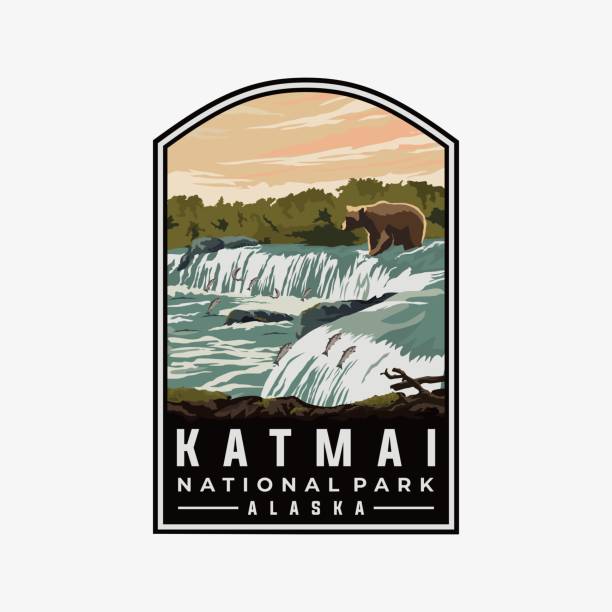 katmai-nationalpark-vektorvorlage. alaska wahrzeichen illustration im patch-emblem-stil. - katmai national park stock-grafiken, -clipart, -cartoons und -symbole