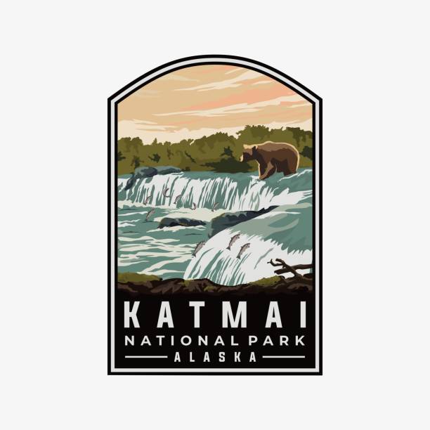 ilustrações de stock, clip art, desenhos animados e ícones de katmai national park vector template. alaska landmark illustration in patch emblem style. - katmai national park