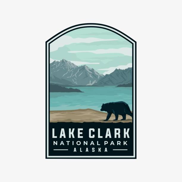 illustrations, cliparts, dessins animés et icônes de modèle vectoriel du parc national du lac clark. illustration de point de repère de l’alaska dans le style de l’emblème de l’écusson. - national wildlife reserve illustrations