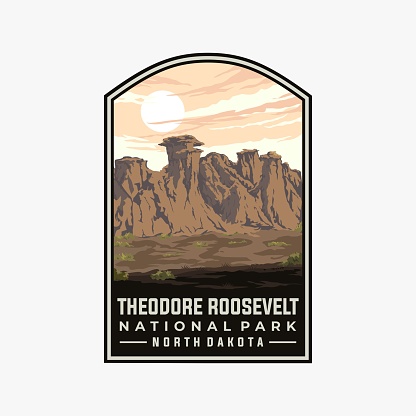 Theodore Roosevelt national park vector template. North Dakota landmark illustration in patch emblem style.