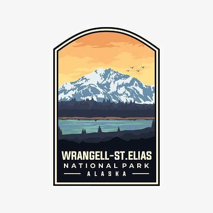 Wrangell St Elias national park vector template. Alaska landmark illustration in patch emblem style.