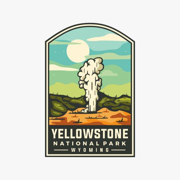 ilustraciones, imágenes clip art, dibujos animados e iconos de stock de plantilla gráfica vectorial del parque nacional de yellowstone wyoming en ilustración de parche estilo emblema de insignia. - parque nacional de yellowstone