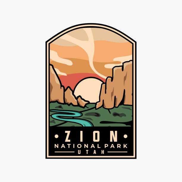 Zion national park vector template. Utah landmark graphic illustration in badge emblem patch style.