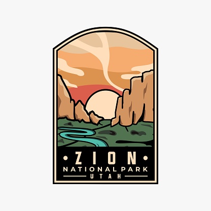 Zion national park vector template. Utah landmark graphic illustration in badge emblem patch style.