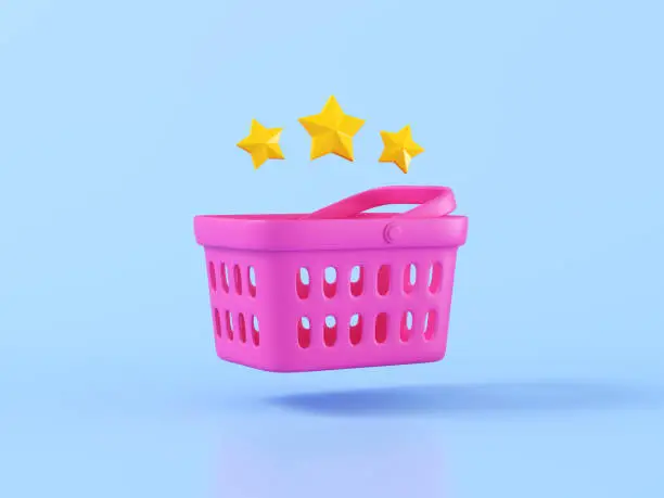 Shopping basket with three star rating for products. Good seller review. Customer rating feedback concept. Best grocery store and supermarket. Cartoon icon isolated on blue background. 3D Rendering