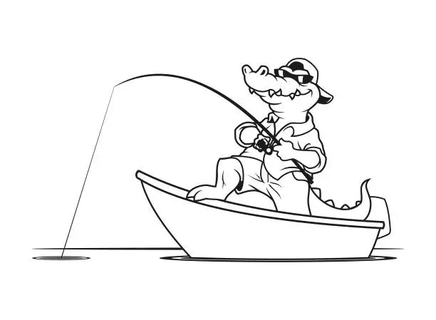 Vector illustration of Alligator Crocodile fishing on a boat - outline silhouette